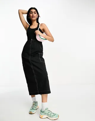 ASOS DESIGN 2 in 1 ribbed scoop neck tank top with cargo midi skirt in black with contrast stitch