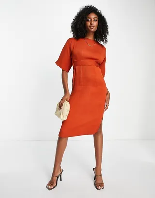 Closet London ribbed pencil midi dress in rust