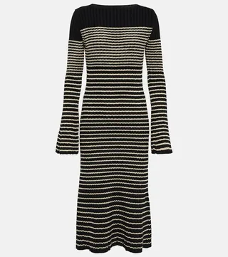 Striped boat-neck knit midi dress