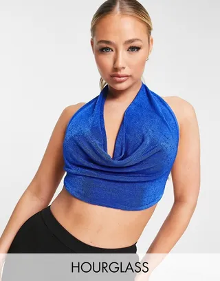 ASOS DESIGN cowl neck halter crop top with chain back in cobalt