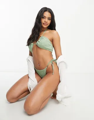 ASOS DESIGN mix & match crinkle tie side bikini bottoms in khaki