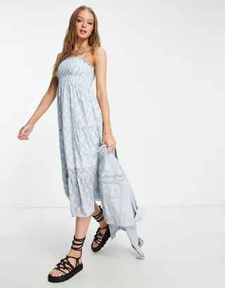 Influence shirred bust tiered midi dress in plaid floral print