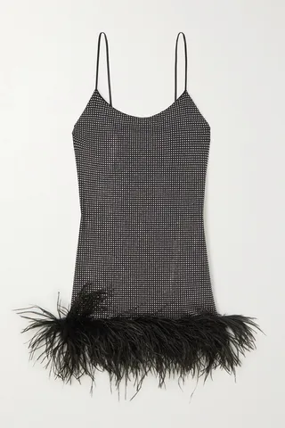 Leslie Amon - Laurie Feather-trimmed Crystal-embellished Stretch-jersey Mini Dress - Black
