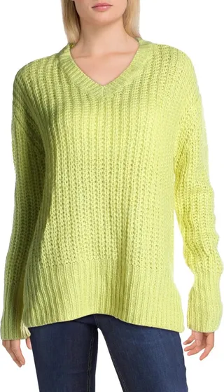 Womens Knit Ribbed Trim V-Neck Sweater