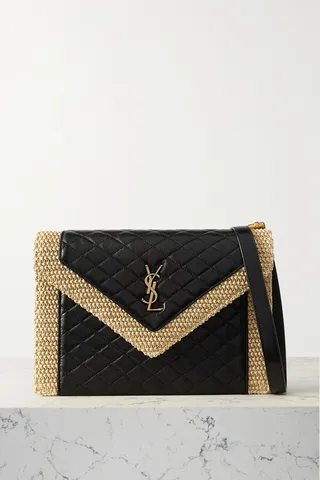 SAINT LAURENT - Gaby Raffia-trimmed Quilted Leather Shoulder Bag - Black
