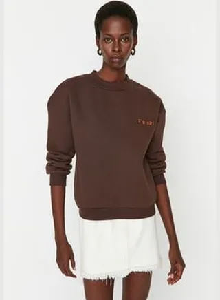 Brown Thick Fleece Inside Regular/Regular fit Motto Embroidered Knitted Sweatshirt TWOAW21SW1061