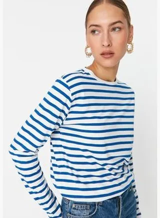 Navy Blue Striped Regular/Normal fit Basic Crew Neck Knitted T-Shirt TWOAW23TS00002
