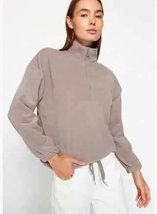 Stone Zipper Detailed Knitted Sweatshirt