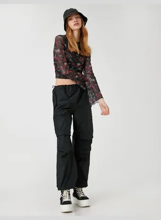 Crop Sheer T-Shirt Long Sleeve Patterned Crew Neck