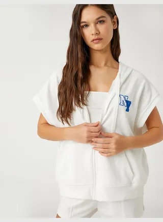 Oxford Printed Hoodie Zipper Detail Sleeveless