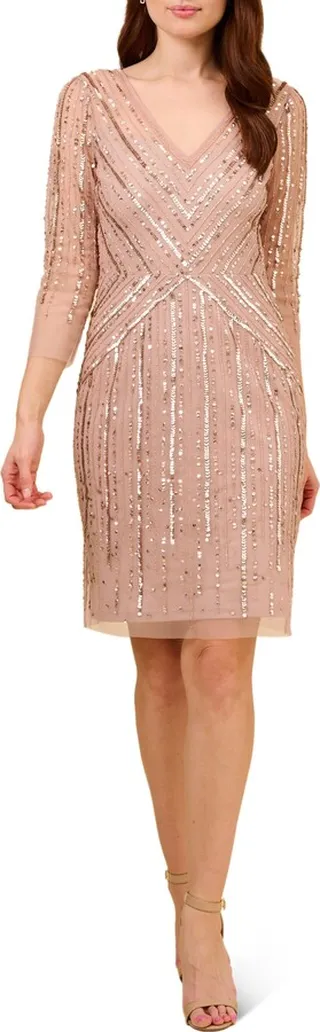 Sequin Stripe Beaded Mesh Cocktail Dress