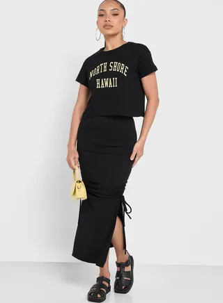 Ruched Midi Skirt With Tie Up