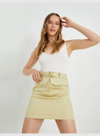 Belt Detailed Linen Skirt