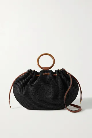 Ulla Johnson - Valeria Large Leather-trimmed Ruched Raffia Shoulder Bag - Black