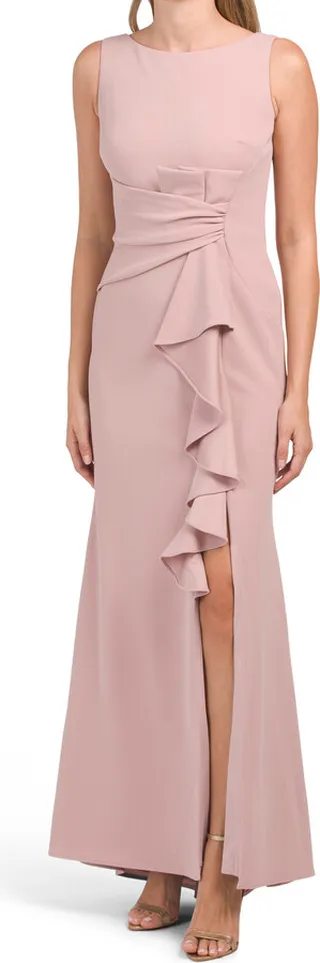 Made In Usa Sleeveless Ruffle Cascade Gown With Front Slit