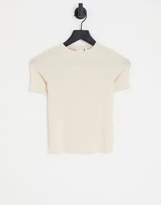 ASOS DESIGN fine knit slim fit tee in sand