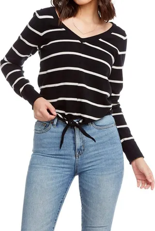 Linen Sweater V-Neck Tie Front Sweater in Black