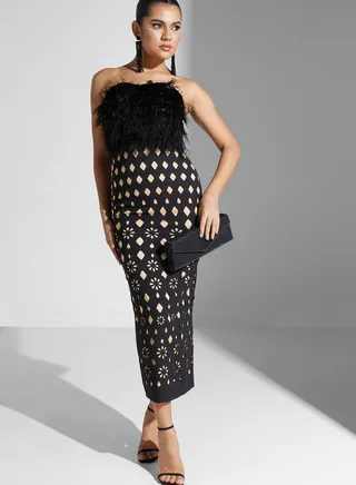 Bardot Fur Detail Laser Cut Dress
