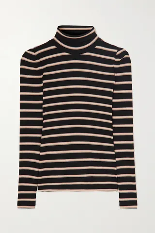 Veronica Beard - Cedar Striped Ribbed Jersey Turtleneck Top - Black