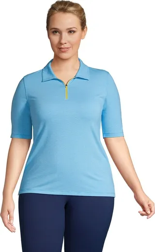 Lands' End Women's Moisture Wicking UPF Sun Elbow Sleeve Zip Front Polo Shirt - X-large - Forest Moss Pinstripes