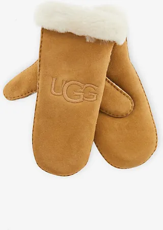 Ugg Womens Chestnut Logo-embroidered Rounded Leather and Shearling Mittens