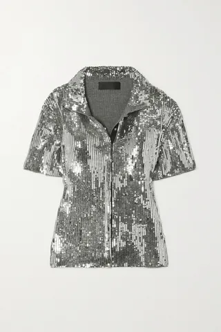 Nili Lotan - Oskar Ribbed Sequined Merino Wool Polo Top - Silver