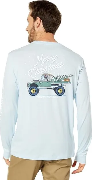 Vineyard Vines Truck Tree Long Sleeve Pocket Tee (Ice Water) Men's Clothing