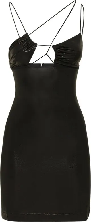 Glossy cutout asymmetric mini dress