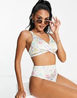 ASOS DESIGN Fuller Bust mix and match underwire wrap bikini top in ditsy floral print