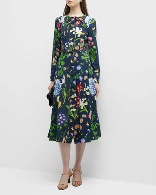 Multi Floral-Print Pleated Cady Midi Dress with Belt