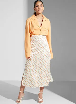 Printed Pleated Midi Skirt