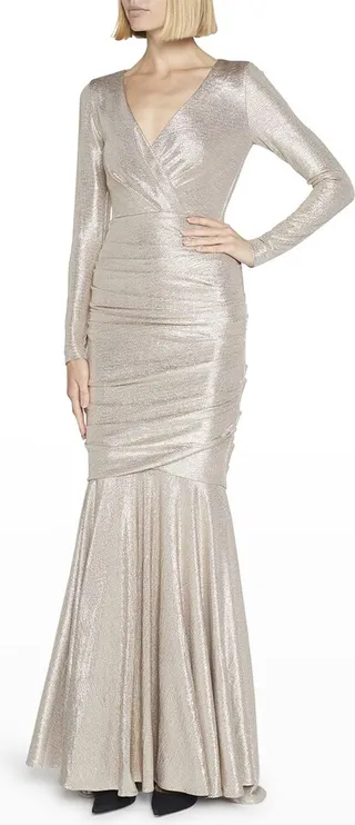 Mirrorball Long-Sleeve Draped Mermaid Gown