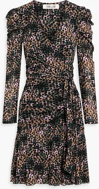 Viviette wrap-effect ruched printed stretch-mesh mini dress