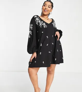 ASOS DESIGN Curve v neck smock dress with white floral embroidery in black
