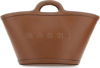 Handbag realized in smooth bovine leather characterized by contrasting embroidered logo at the front.