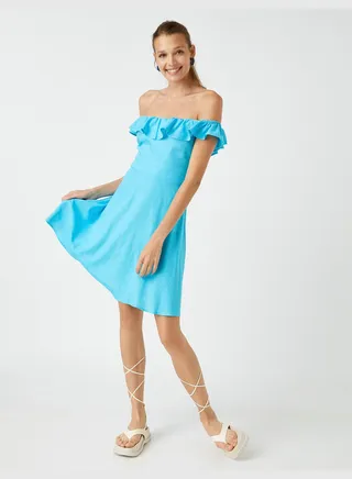 Mini Dress Waistband Detail Linen Blended