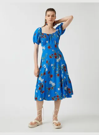 Midi Dress Square Neck Short Sleeve