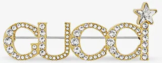 Womens Yellow Gold Logo Crystal-embellished Brass Brooch