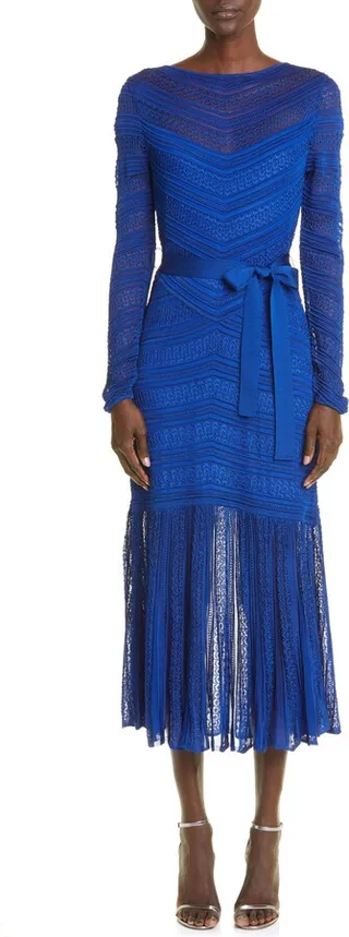 Belted Long Sleeve Chevron Lace Midi Dress