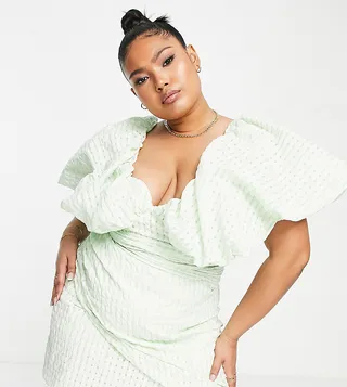 ASOS LUXE Curve bubble Bardot wrap mini dress in green gingham
