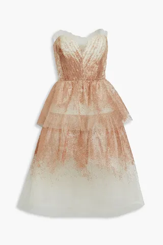 Strapless tiered glittered tulle midi dress