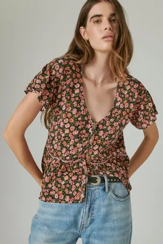 Short Sleeve Button Hi-Low Top