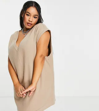 ASOS DESIGN Curve super soft v neck mini sweater vest dress in camel