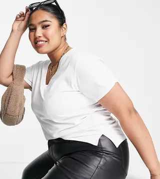 ASOS DESIGN Curve Edit luxe handle fitted t-shirt with wide v-neck in white
