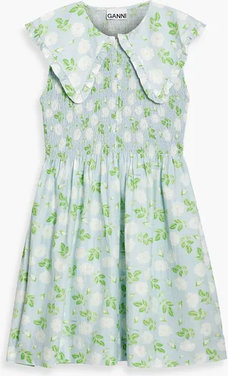 Shirred floral-print cotton and silk-blend mini dress