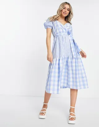Influence puff sleeve tiered midi dress in blue check