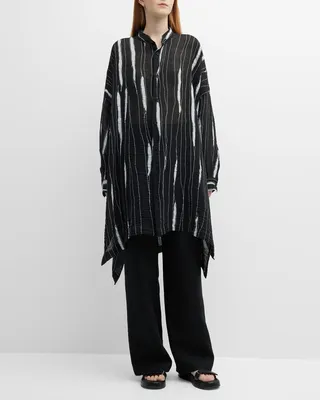 Wide Longer-Back Collarless Shirt with Slits (Very Long Length)
