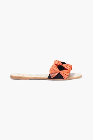 Yucatan pompom-embellished tasseled raffia and twill slides