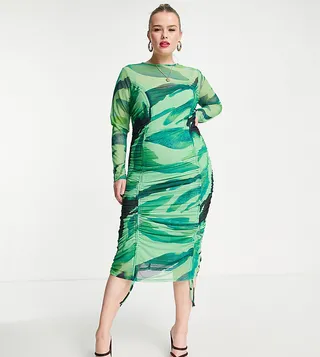 ASOS DESIGN Curve Edit mesh midi dress with ruching with detachable slip in print