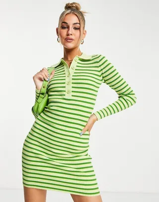 Stradivarius STR polo mini dress with contrast neck in green stripe